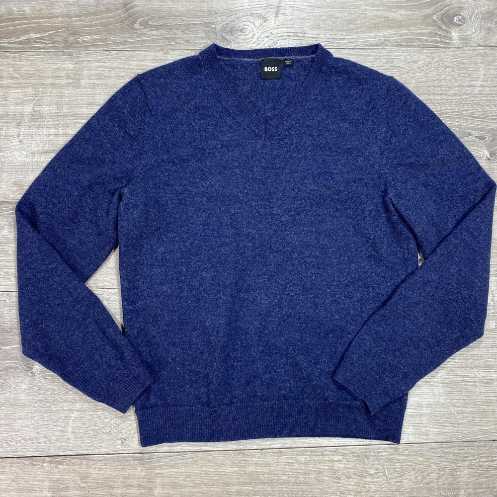 Boss‎ Sweater Mens Small Blue V Neck Knit Pullover Slim Lightweight Casual Soft